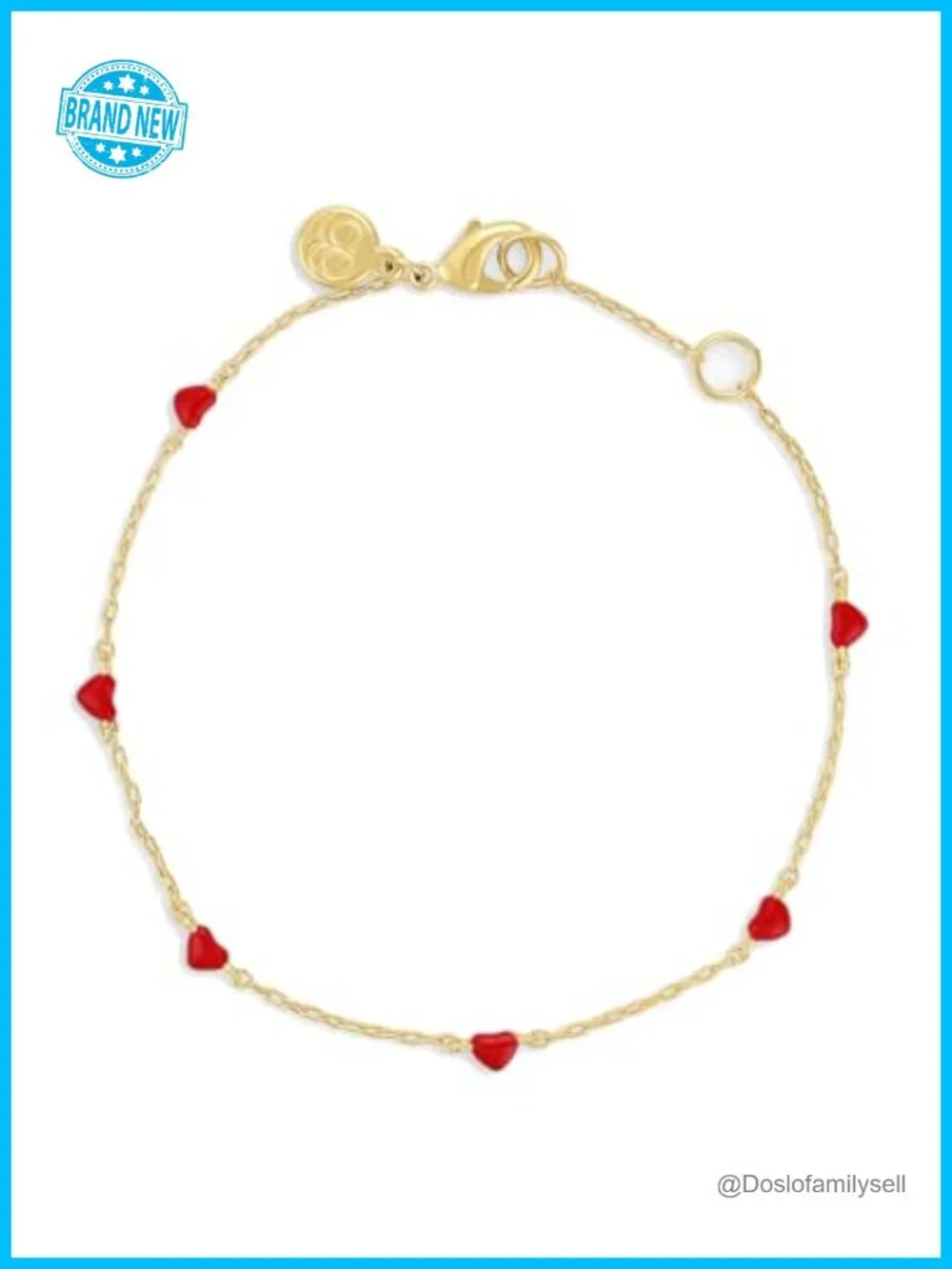 18k Gold Plated Brass Link Bracelet with Red Enamel Hearts - Adjustable 6.5-7